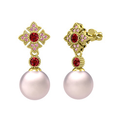 Teimei İnci Küpe - Pembe inci, garnet ve pembe kuvars 14 ayar altın küpe #jq6uhy
