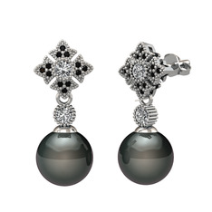 Siyah inci, swarovski ve siyah zirkon 18 ayar beyaz altın küpe