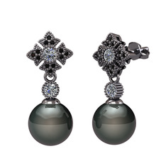 Teimei İnci Küpe - Siyah inci, pırlanta ve siyah zirkon 925 ayar siyah rodyum kaplama gümüş küpe (0.44 karat) #kews1i