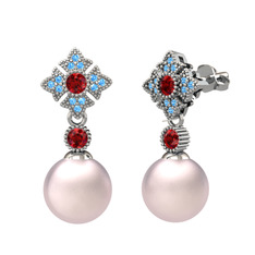 Pembe inci, garnet ve akuamarin 18 ayar beyaz altın küpe