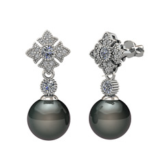 Siyah inci, pırlanta ve swarovski 8 ayar beyaz altın küpe (0.44 karat)