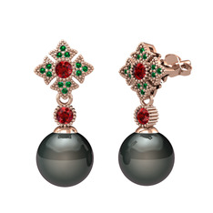 Teimei İnci Küpe - Siyah inci, garnet ve yeşil kuvars 18 ayar rose altın küpe #l0cpzu