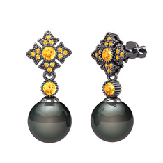 Teimei İnci Küpe - Siyah inci ve sitrin 925 ayar siyah rodyum kaplama gümüş küpe #l2057o