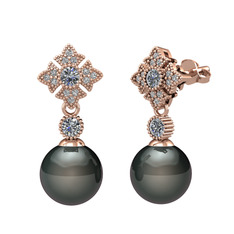 Teimei İnci Küpe - Siyah inci, pırlanta ve swarovski 14 ayar rose altın küpe (0.44 karat) #li7rue