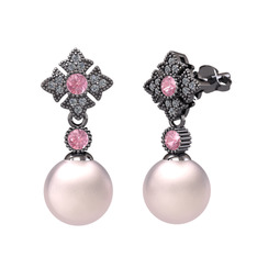 Pembe inci, pembe kuvars ve pırlanta 925 ayar siyah rodyum kaplama gümüş küpe (0.2112 karat)