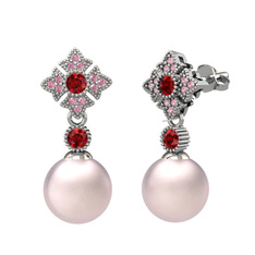 Teimei İnci Küpe - Pembe inci, garnet ve pembe kuvars 18 ayar beyaz altın küpe #ltydhp