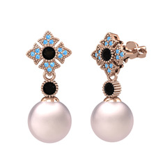 Teimei İnci Küpe - Pembe inci, siyah zirkon ve akuamarin 8 ayar rose altın küpe #mkje61