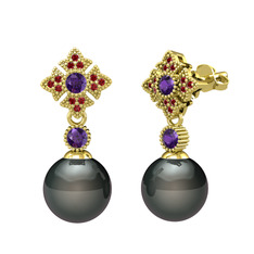 Teimei İnci Küpe - Siyah inci, ametist ve garnet 18 ayar altın küpe #n5scrs