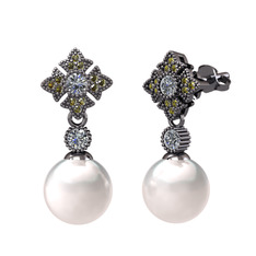 Teimei İnci Küpe - Inci, pırlanta ve peridot 925 ayar siyah rodyum kaplama gümüş küpe (0.44 karat) #n7zyx8