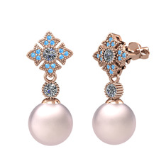 Teimei İnci Küpe - Pembe inci, pırlanta ve akuamarin 8 ayar rose altın küpe (0.44 karat) #nemwgx