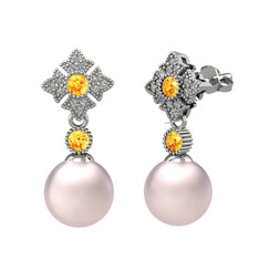 Pembe inci, sitrin ve swarovski 925 ayar gümüş küpe