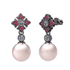 Teimei İnci Küpe - Pembe inci, pırlanta ve rodolit garnet 925 ayar siyah rodyum kaplama gümüş küpe (0.44 karat) #nn64l