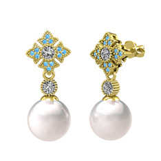 Inci, swarovski ve akuamarin 8 ayar altın küpe