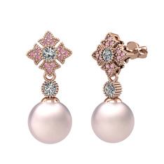Pembe inci, swarovski ve pembe kuvars 925 ayar rose altın kaplama gümüş küpe