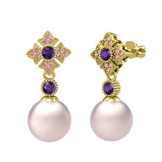 Teimei İnci Küpe - Pembe inci, ametist ve pembe kuvars 14 ayar altın küpe #o95qah