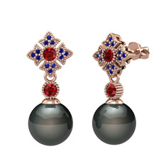 Siyah inci, garnet ve lab safir 18 ayar rose altın küpe