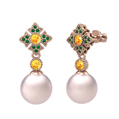 Teimei İnci Küpe - Pembe inci, sitrin ve yeşil kuvars 8 ayar rose altın küpe #od8975