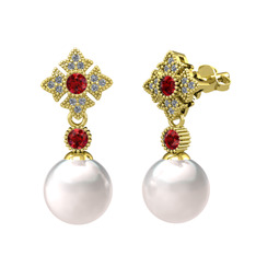 Inci, garnet ve pırlanta 8 ayar altın küpe (0.2112 karat)