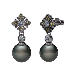 Teimei İnci Küpe - Siyah inci, pırlanta ve peridot 925 ayar siyah rodyum kaplama gümüş küpe (0.44 karat) #ooctqn