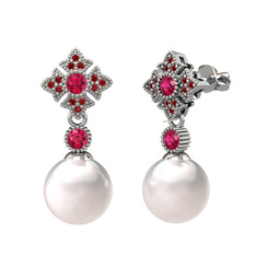 Teimei İnci Küpe - Inci, rodolit garnet ve garnet 14 ayar beyaz altın küpe #oud10
