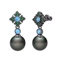 Teimei İnci Küpe - Siyah inci, akuamarin ve yeşil kuvars 925 ayar siyah rodyum kaplama gümüş küpe #ouyd6b