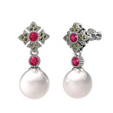 Teimei İnci Küpe - Inci, rodolit garnet ve peridot 18 ayar beyaz altın küpe #oxlg6z