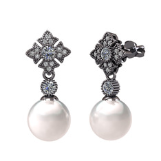 Teimei İnci Küpe - Inci, pırlanta ve beyaz zirkon 925 ayar siyah rodyum kaplama gümüş küpe (0.44 karat) #oxtxce