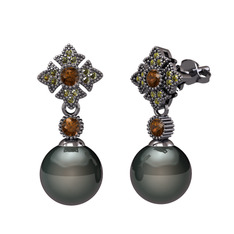 Teimei İnci Küpe - Siyah inci, dumanlı kuvars ve peridot 925 ayar siyah rodyum kaplama gümüş küpe #oxymh0