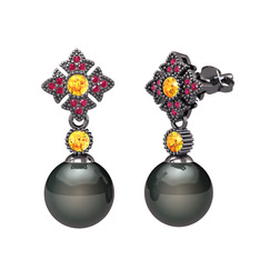 Teimei İnci Küpe - Siyah inci, sitrin ve rodolit garnet 925 ayar siyah rodyum kaplama gümüş küpe #p57ti5