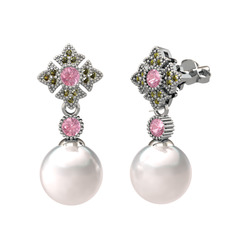 Teimei İnci Küpe - Inci, pembe kuvars ve peridot 18 ayar beyaz altın küpe #p65d6p