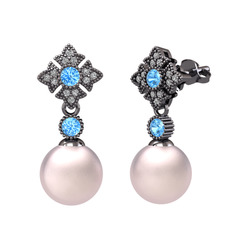 Teimei İnci Küpe - Pembe inci, akuamarin ve swarovski 925 ayar siyah rodyum kaplama gümüş küpe #p6x7s0