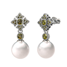 Teimei İnci Küpe - Inci ve peridot 18 ayar beyaz altın küpe #p92e58