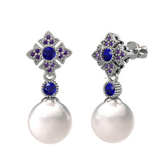 Teimei İnci Küpe - Inci, lab safir ve ametist 18 ayar beyaz altın küpe #pemvmf