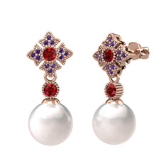Inci, garnet ve ametist 8 ayar rose altın küpe