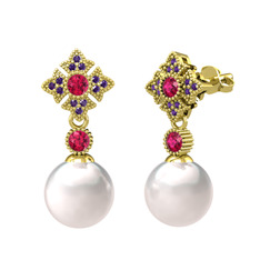 Teimei İnci Küpe - Inci, rodolit garnet ve ametist 18 ayar altın küpe #pl1c9h