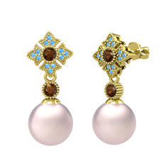 Teimei İnci Küpe - Pembe inci, dumanlı kuvars ve akuamarin 18 ayar altın küpe #ps07b5