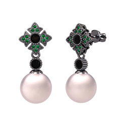 Teimei İnci Küpe - Pembe inci, siyah zirkon ve yeşil kuvars 925 ayar siyah rodyum kaplama gümüş küpe #q1hjq7