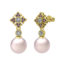 Pembe inci, swarovski ve ametist 14 ayar altın küpe