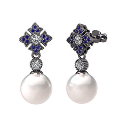 Teimei İnci Küpe - Inci, swarovski ve lab safir 925 ayar siyah rodyum kaplama gümüş küpe #qsacwh