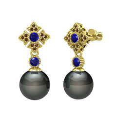 Teimei İnci Küpe - Siyah inci, lab safir ve dumanlı kuvars 925 ayar altın kaplama gümüş küpe #r7y1km