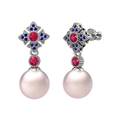 Teimei İnci Küpe - Pembe inci, rodolit garnet ve lab safir 8 ayar beyaz altın küpe #rcw07j