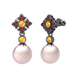 Teimei İnci Küpe - Pembe inci, sitrin ve garnet 925 ayar siyah rodyum kaplama gümüş küpe #rqw0z