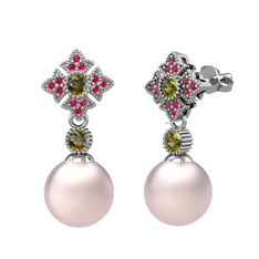 Pembe inci, peridot ve rodolit garnet 925 ayar gümüş küpe