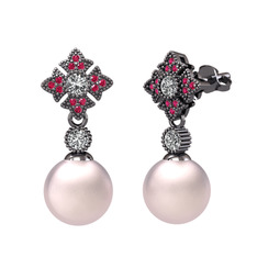 Teimei İnci Küpe - Pembe inci, swarovski ve rodolit garnet 925 ayar siyah rodyum kaplama gümüş küpe #st443