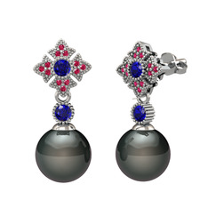 Teimei İnci Küpe - Siyah inci, lab safir ve rodolit garnet 8 ayar beyaz altın küpe #stcrvp