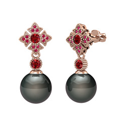 Teimei İnci Küpe - Siyah inci, garnet ve rodolit garnet 14 ayar rose altın küpe #t18pei