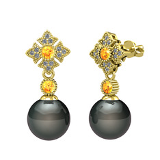 Siyah inci, sitrin ve pırlanta 18 ayar altın küpe (0.2112 karat)