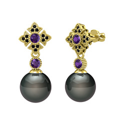 Teimei İnci Küpe - Siyah inci, ametist ve siyah zirkon 8 ayar altın küpe #tcv8k1