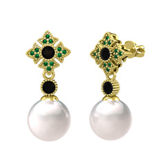 Teimei İnci Küpe - Inci, siyah zirkon ve yeşil kuvars 8 ayar altın küpe #tuooo2