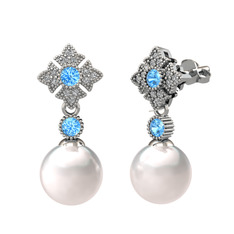 Teimei İnci Küpe - Inci, akuamarin ve swarovski 14 ayar beyaz altın küpe #txz804